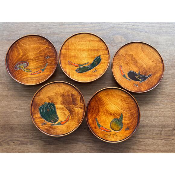 [Like New] Vintage Japanese Small Wooden Plates, hand-carved urushi finish 5 pcs - Picture 2 of 16